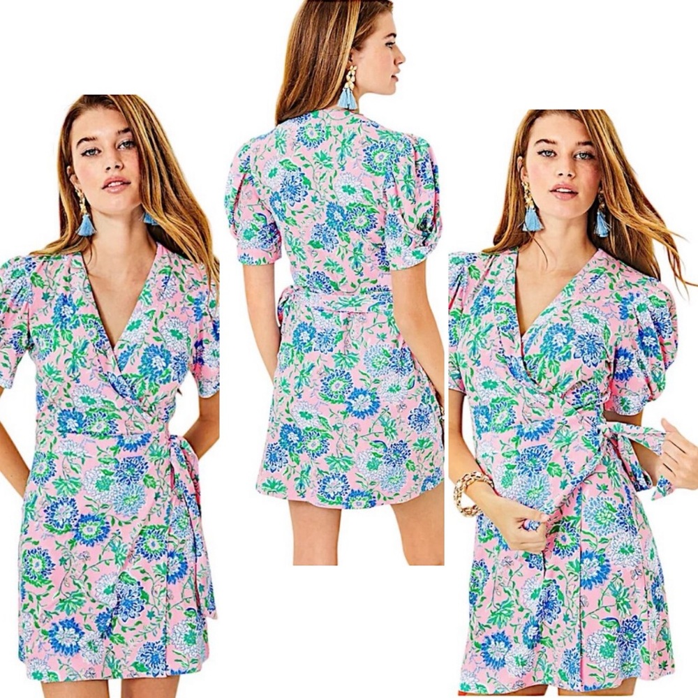 Lilly Pulitzer Sailynn Wrap Skort Romper Rumor Has It Floral Puff Sleeve Pink S